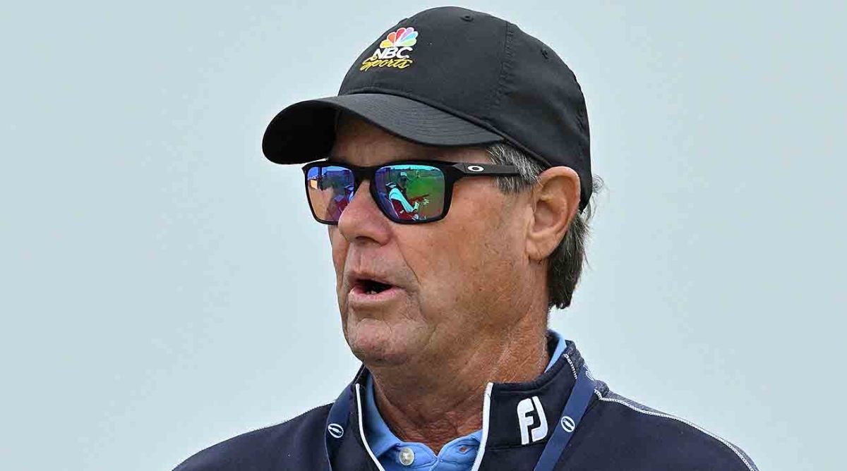 Paul Azinger is pictured during a practice round at the 2023 British Open at Royal Liverpool Golf Course in England.